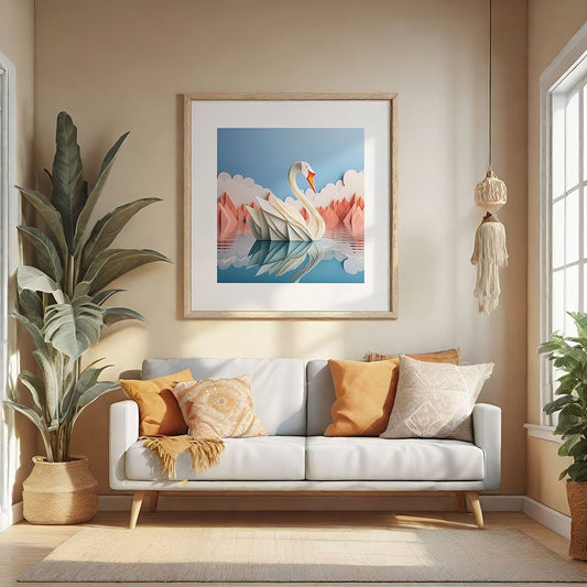 A living room with neutral tones features a white couch adorned with orange and beige pillows. To the left stands a potted plant. Hanging above the couch is "Salama The Swan," a framed digital artwork by FN Prints depicting an origami swan on a lake. Natural light filters through two windows.