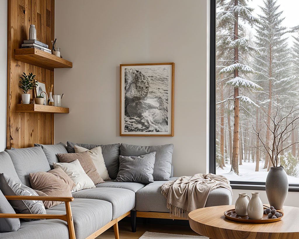 A modern living room features a gray sectional, neutral pillows, wooden shelves with decor, and "Salty Rocks" by FN Prints—a striking black and white photograph—on the wall. Snow-covered trees are visible through a large window.