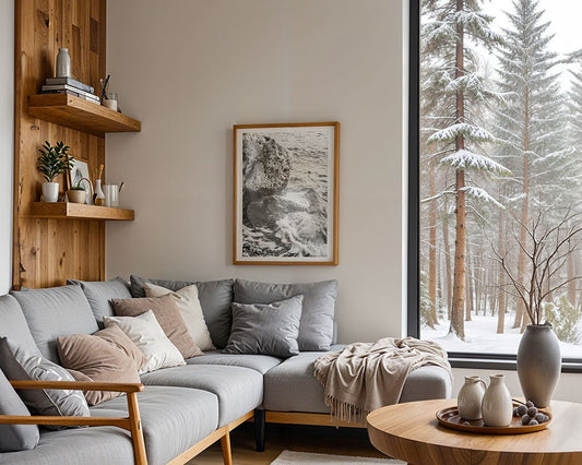 A modern living room features a gray sectional, neutral pillows, wooden shelves with decor, and "Salty Rocks" by FN Prints—a striking black and white photograph—on the wall. Snow-covered trees are visible through a large window.