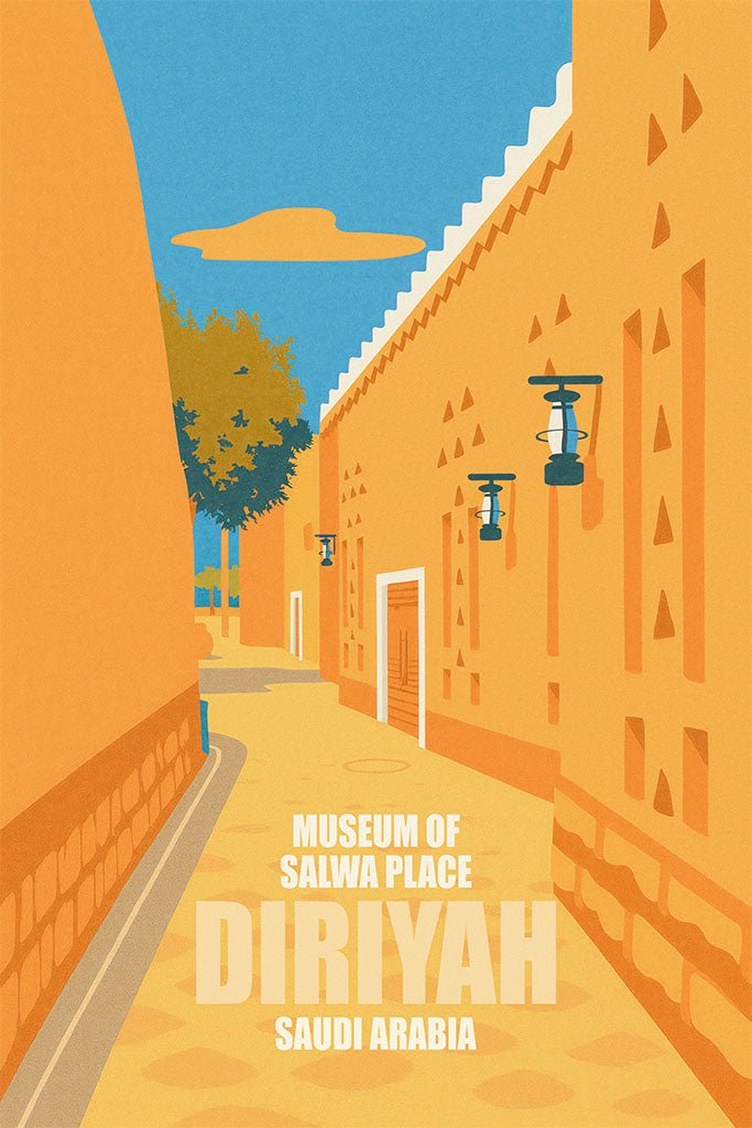 Illustration of a street scene with buildings and text for the Museum of Diriyah in Saudi Arabia.