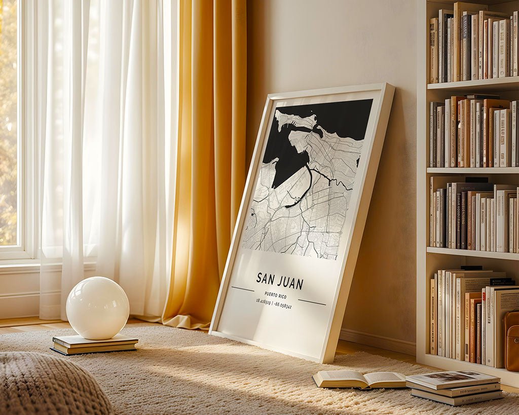 San Juan City Map Poster, Minimalist Wall Art by FN Prints, shown framed in a room setting