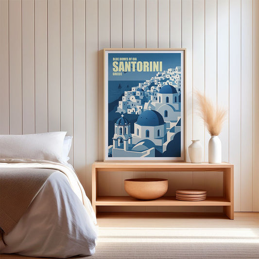 Illustration of Santorini’s Oia with blue-domed churches, white buildings, and sea in the background.