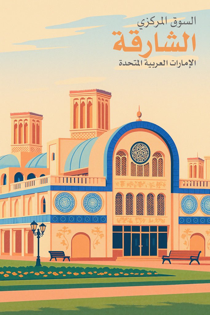 Retro-style art print of Sharjah Central Souq (السوق المركزي الشارقة) in the UAE, featuring Islamic architecture, blue tile details, and wind towers.