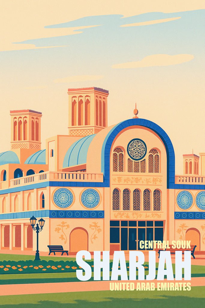 Retro-style art print of Sharjah Central Souq (السوق المركزي الشارقة) in the UAE, featuring Islamic architecture, blue tile details, and wind towers.