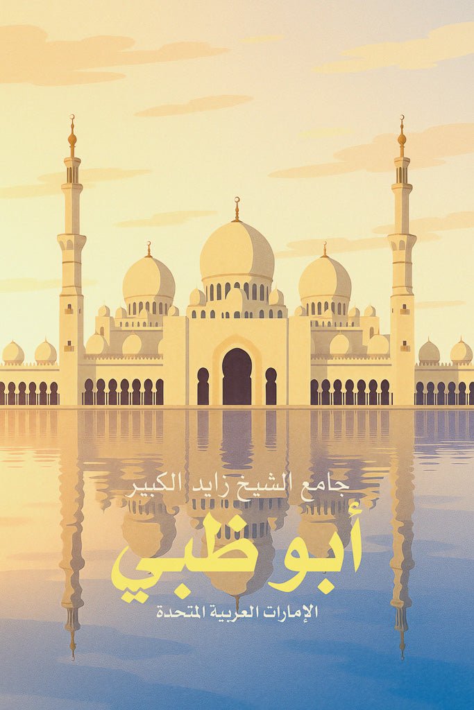 Travel illustration of Sheikh Zayed Grand Mosque in Abu Dhabi with Arabic script.