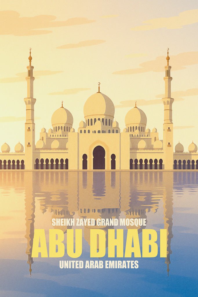 Travel illustration of Sheikh Zayed Grand Mosque in Abu Dhabi with English script.
