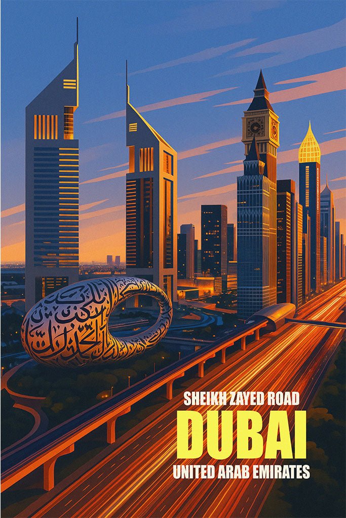 Illustration of Dubai's skyline with modern skyscrapers and a highway.