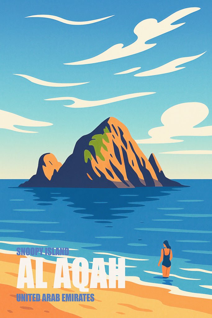Illustration of Snoopy Island (جزيرة سنوبي) in Al Aqah, Fujairah, with a woman walking along the beach and calm blue waters under a vibrant sky.