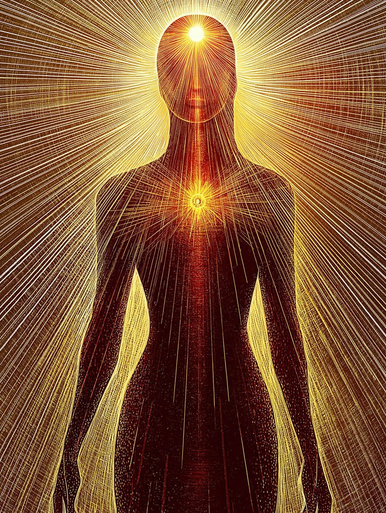 Soul's Radiant Flow by FN Prints features a digital artwork depicting a silhouette of a person emitting golden light. A luminous orb is positioned at the head and another at the chest, symbolizing enlightenment and energy flow. The piece utilizes spiritual symbolism to project rays of ethereal energy, creating a vibrant and radiant effect.