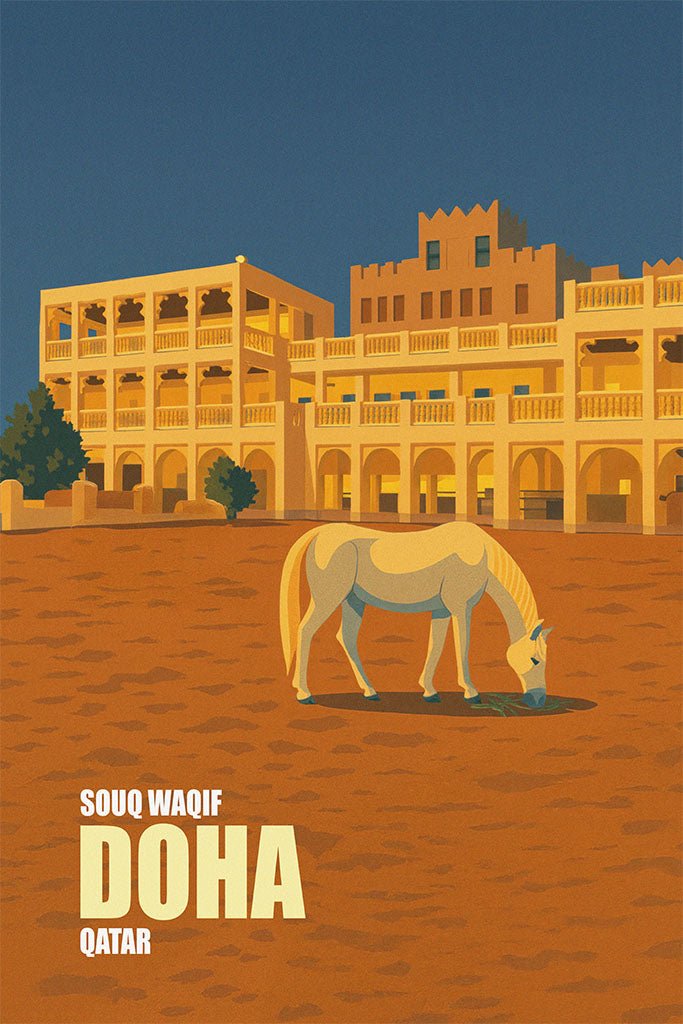 Illustration of a horse grazing in front of a building with 'Souq Waqif Doha Qatar' text.