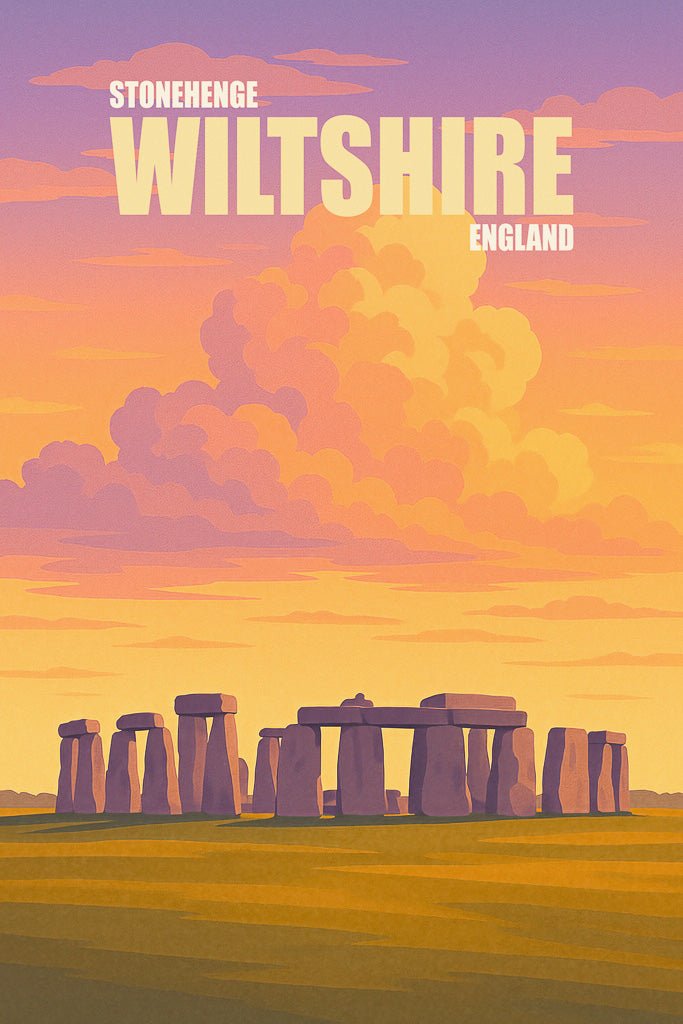 Minimalist sunset illustration of Stonehenge (ستونهنج) in Wiltshire (ويلتشير), England, with purple clouds and golden light.