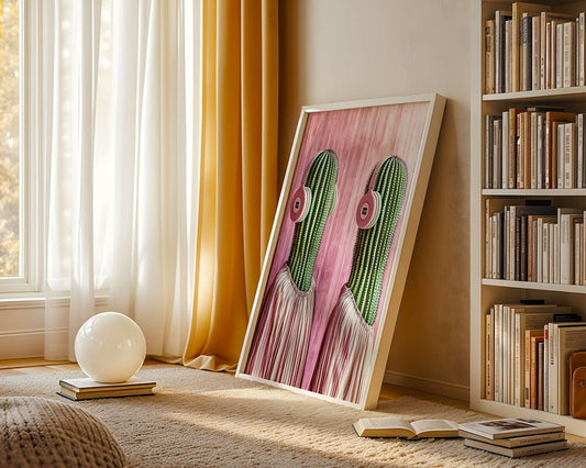A framed piece of whimsical art titled "Succulent Soiree" by FN Prints, featuring two cacti in pink vases, rests against a wall in a sunlit room. Nearby stands a bookshelf filled with books, while on the carpeted floor lie two stacked books accompanied by a spherical white lamp. Long yellow curtains hang gracefully by the window.