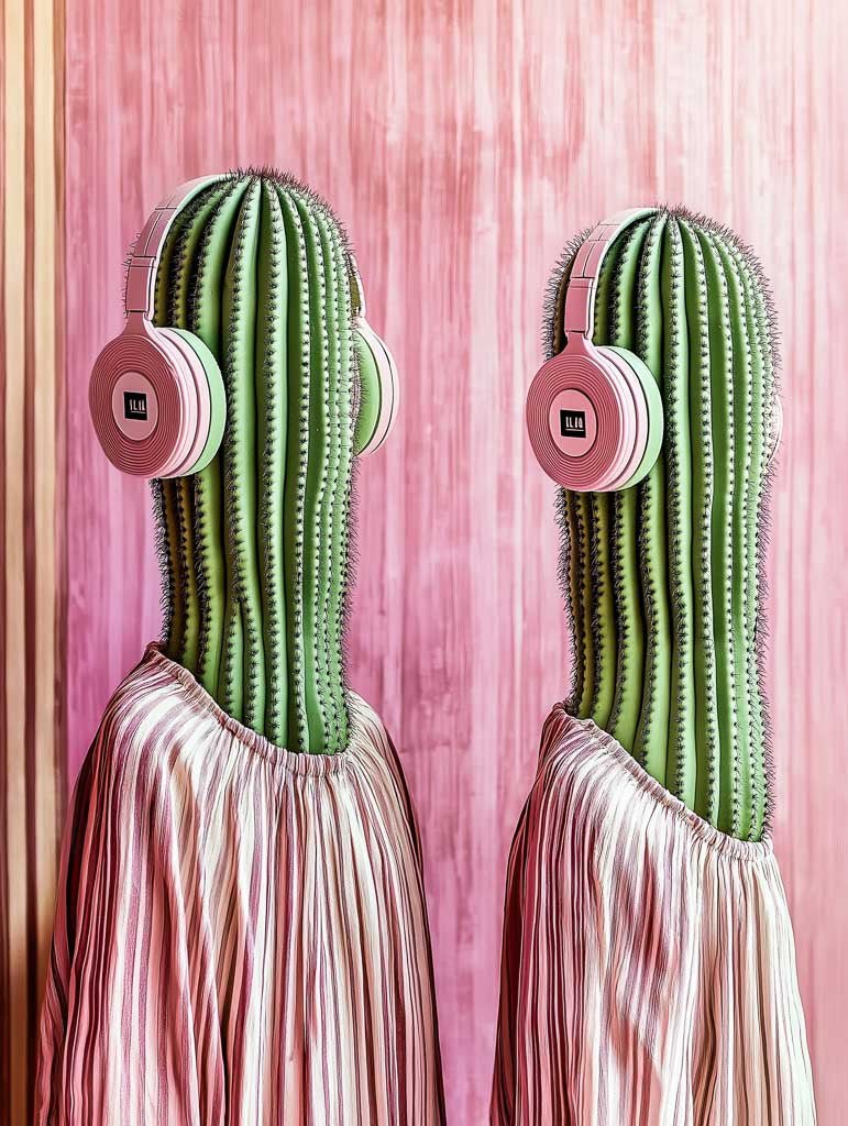 In this whimsical digital artwork titled "Succulent Soiree" by FN Prints, two tall cacti are adorned with headphones and flowing fabric, facing each other against a pink background. The piece masterfully combines natural and artificial elements to create a surreal scene.