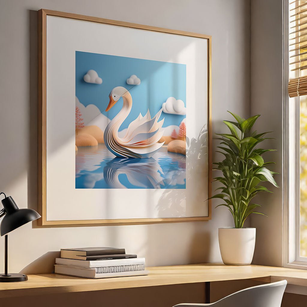 FN Prints' framed digital artwork, "Suki The Swan," showcasing a stylized white origami swan against a blue sky with clouds and its reflection in the water, adorns the serene nursery wall. Nearby, a potted plant enjoys the sunlight streaming through the window, while a black desk lamp rests on a wooden table below.