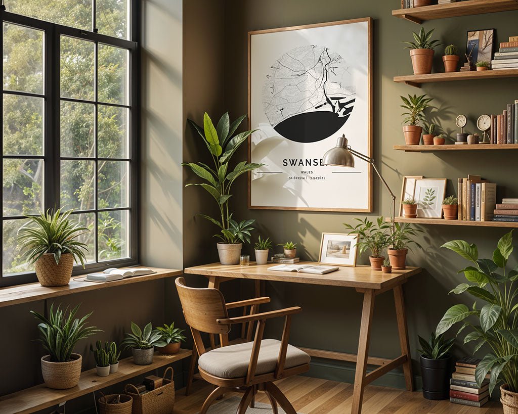 A cozy home office features a wooden desk and chair surrounded by potted plants. A large window bathes the room in natural light, illuminating FN Prints' Swansea City Map printed on museum-quality fine art paper above the desk, while shelves hold more plants and decorative pieces.