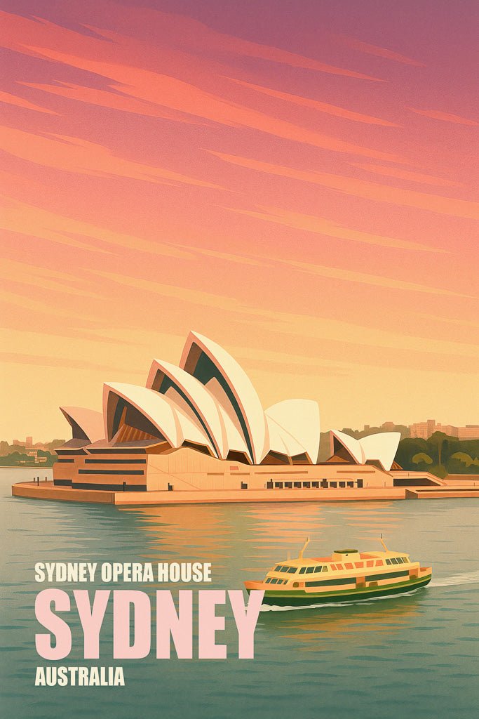 Stylized travel poster of دار أوبرا سيدني (Sydney Opera House) with a ferry on the harbour at sunset, showing Sydney’s iconic architecture in warm golden tones.
