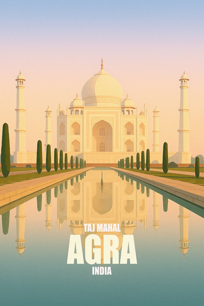 Stylized sunrise travel poster of the تاج محل (Taj Mahal) in Agra, India, with symmetrical reflection in the long garden pool. Peaceful pastel palette.