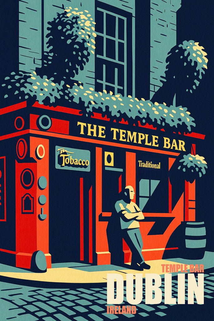 Illustration of Temple Bar pub in Dublin, Ireland in retro travel poster style with bold colours and English script.