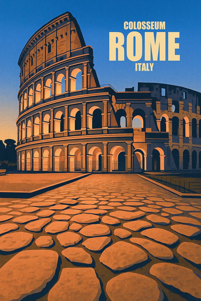 Illustration of the Colosseum in Rome, Italy at sunset with warm tones and vintage travel poster aesthetic.