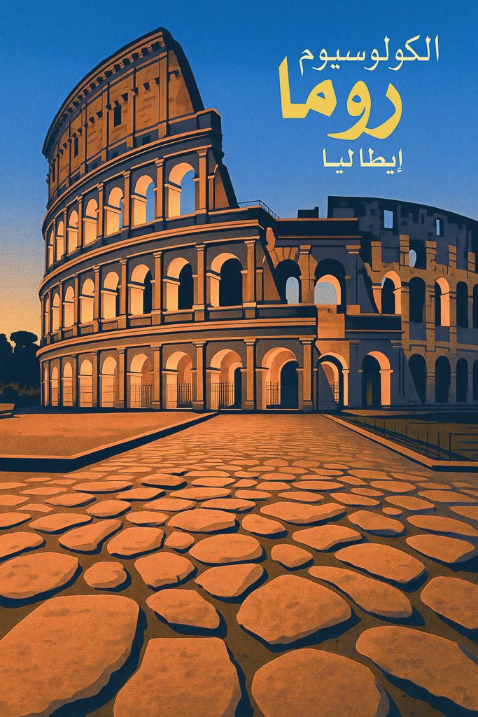 Illustration of the Colosseum in Rome, Italy at sunset with warm tones and vintage travel poster aesthetic.