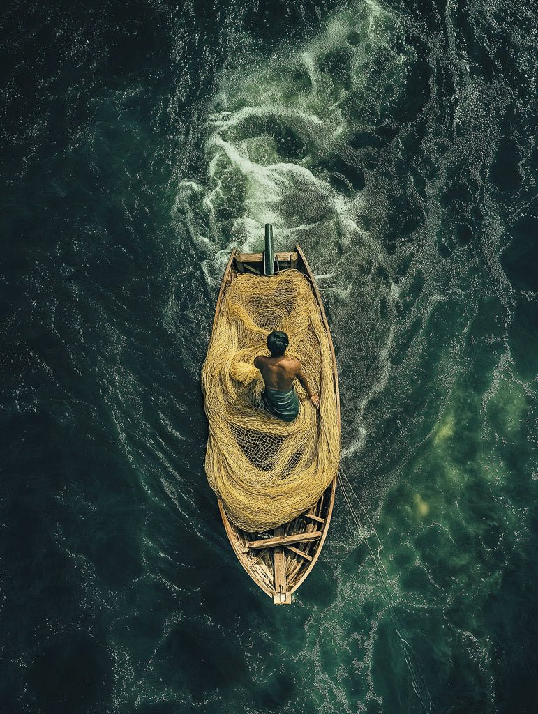Aerial view of a lone fisherman in a wooden boat on dark green water, skillfully handling a large yellow net. "The Fisherman" by FN Prints perfectly captures the timeless bond between man and nature as water swirls around them.