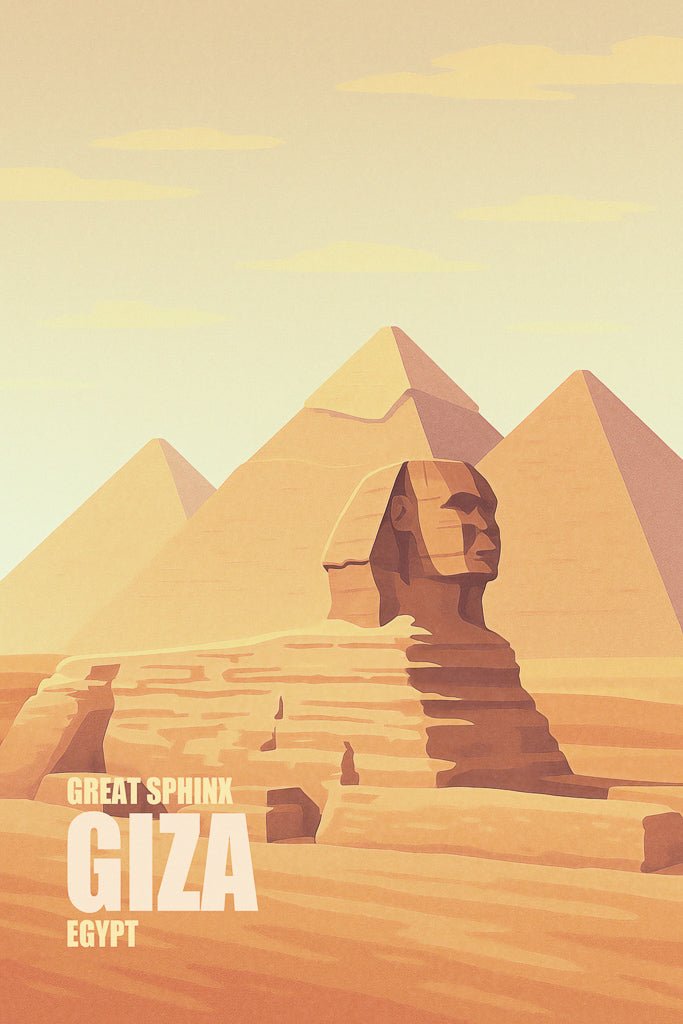 Illustration of the Great Sphinx and pyramids in Giza, Egypt, with English typography.