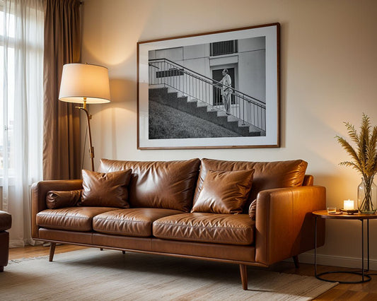 A living room features a brown leather sofa, floor lamp, side table with candle and decorative grass, and "The Pause" by FN Prints—a modern black-and-white art piece—hung above the sofa. Natural light fills the space through a window.