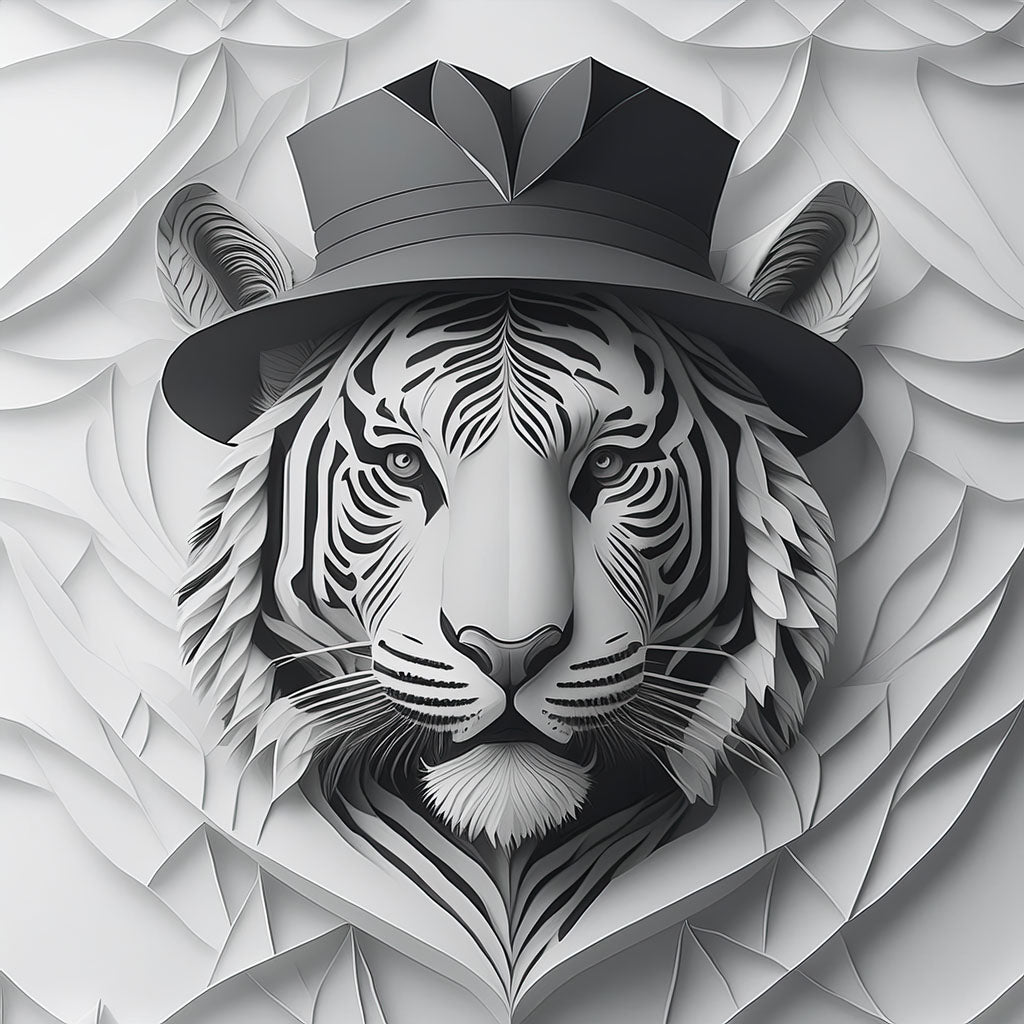 Discover FN Prints' "Tiger In A Hat" digital artwork, which presents an exquisite vintage-style paper art illustration. This design highlights intricate layers of white and gray paper that bring the tiger's face and details to life in a captivating three-dimensional style.