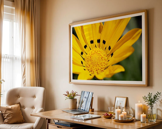 A home office features a desk with a laptop, plant, candles, and chair by the window. FN Prints' Treasure Flower (Gazania Rigens) wall art—a close-up of a yellow bloom—hangs above the desk on the beige wall.