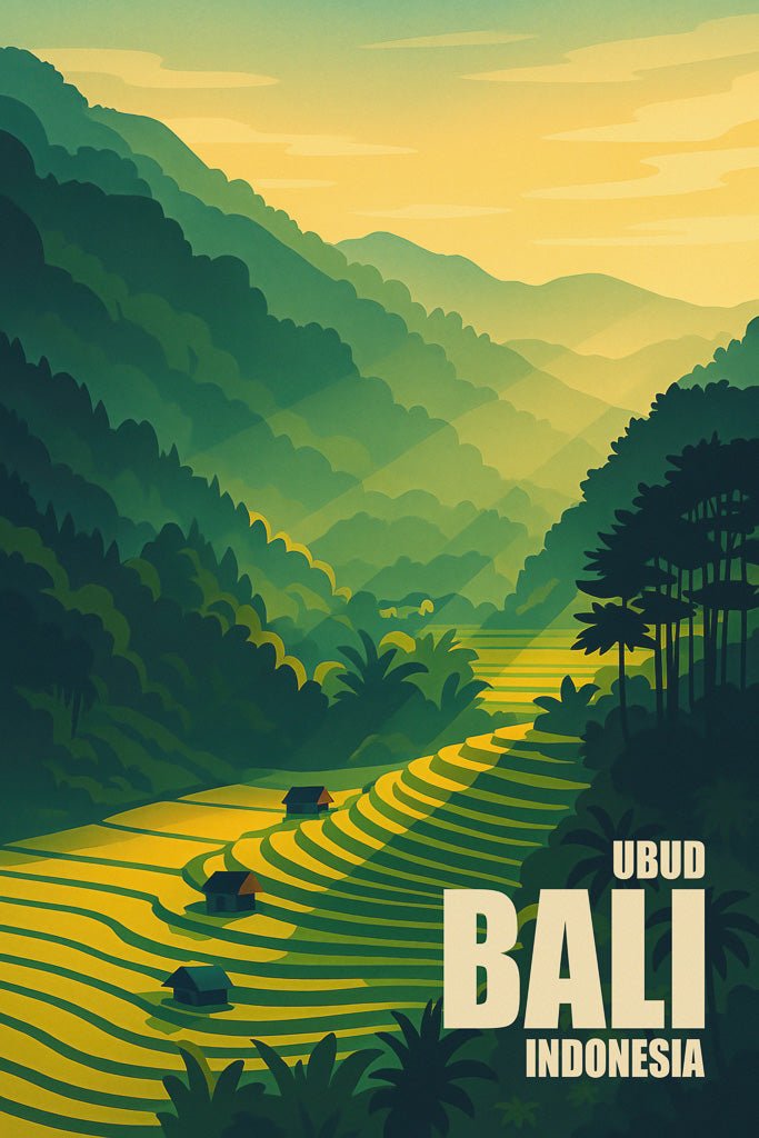 Poster illustration of Ubud rice terraces in Bali, Indonesia, with layered green hills and soft yellow light.