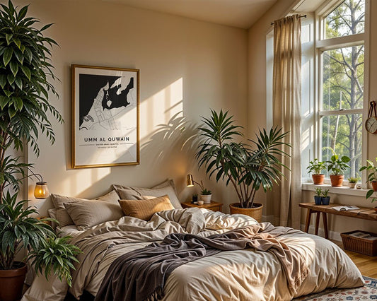 In a cozy bedroom, an unmade bed is surrounded by lush green plants. A large window allows natural light to illuminate wall art featuring a framed Umm Al Quwain City Map by FN Prints. Neutral-toned bedding along with wooden accents contribute to the room's warm and inviting ambiance.