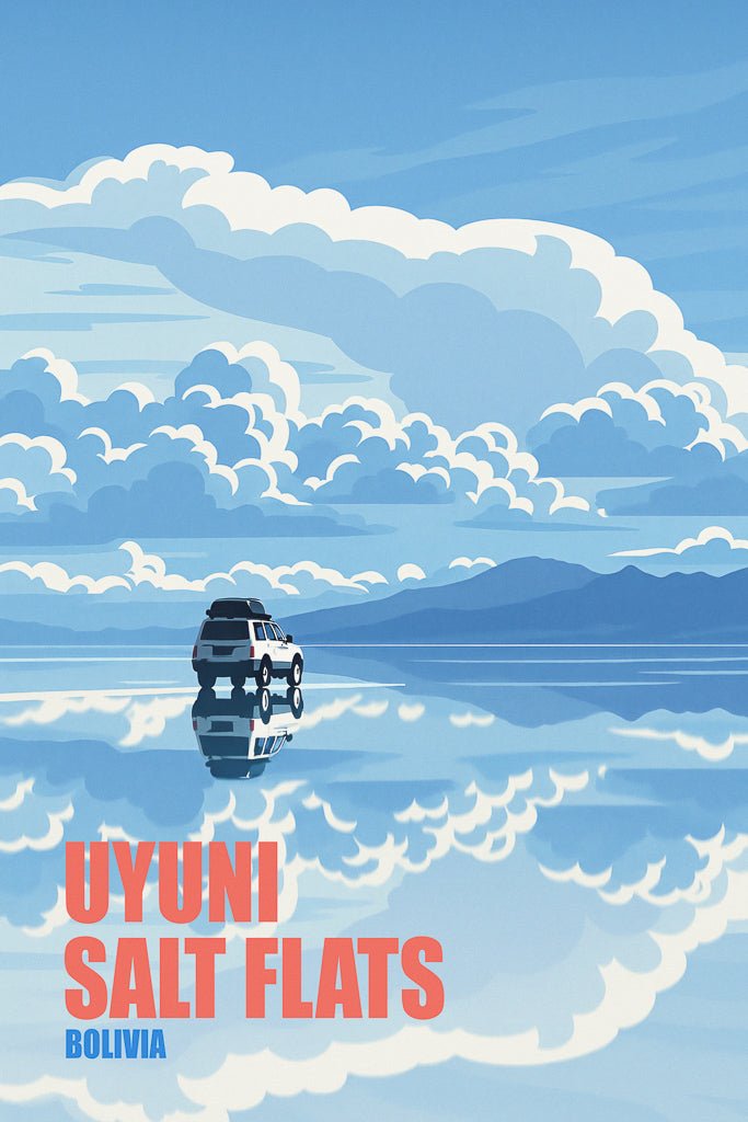 Illustrated scene of Uyuni Salt Flats (مستطحات الملح في أويوني) in Bolivia, with a car driving across a reflective salt surface under blue skies and clouds.