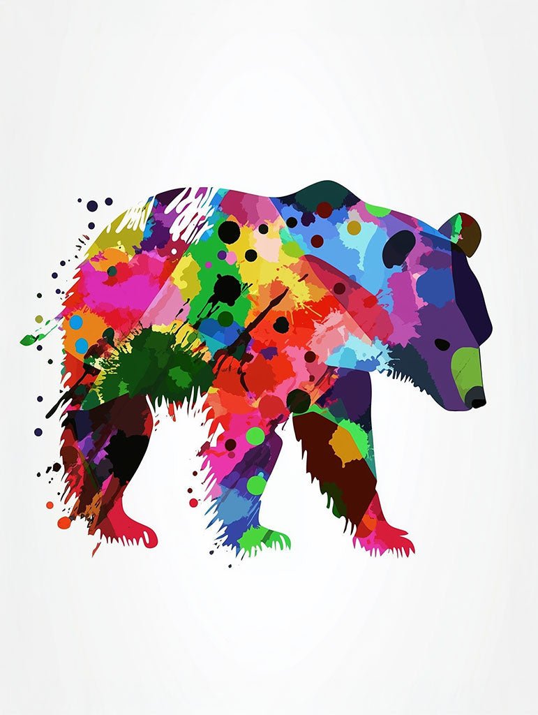 A colourful art print of a bear, made with vibrant paint splashes in dynamic hues, capturing both strength and energy.