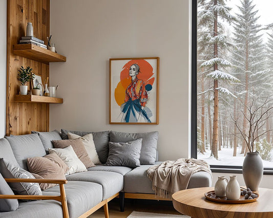 A modern living room with a light gray sectional, neutral pillows, round wood coffee table, decor shelves, and a framed "Vibrant Muse" art print by FN Prints. Large window reveals a snowy forest outside.