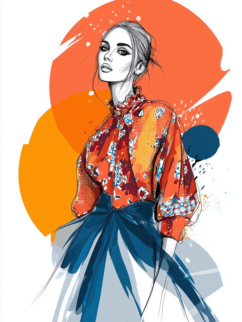 Add modern flair to your space with "Vibrant Muse" by FN Prints—a fashion illustration of a woman in a red floral blouse and blue-white skirt, set against abstract orange and blue shapes. Perfect for stylish wall art.