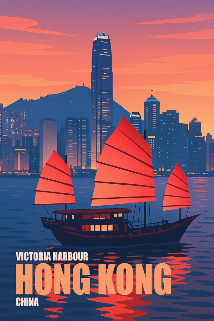 Illustrated view of Victoria Harbour (ميناء فيكتوريا) in Hong Kong at dusk, with red-sailed junk boat and modern skyline reflecting in the water.