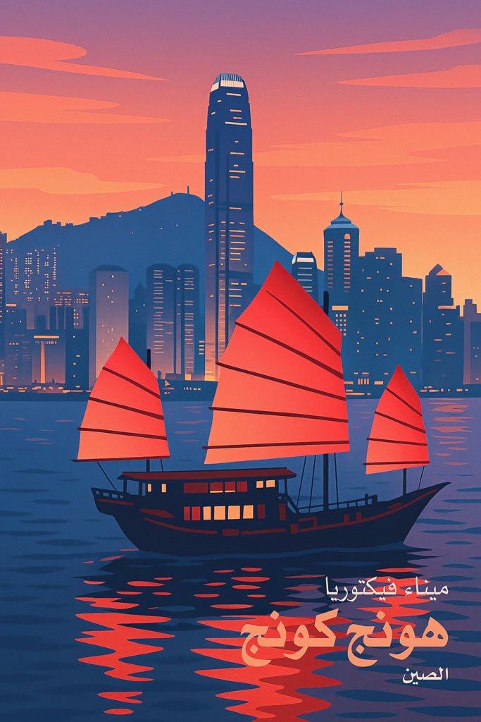 Illustrated view of Victoria Harbour (ميناء فيكتوريا) in Hong Kong at dusk, with red-sailed junk boat and modern skyline reflecting in the water.