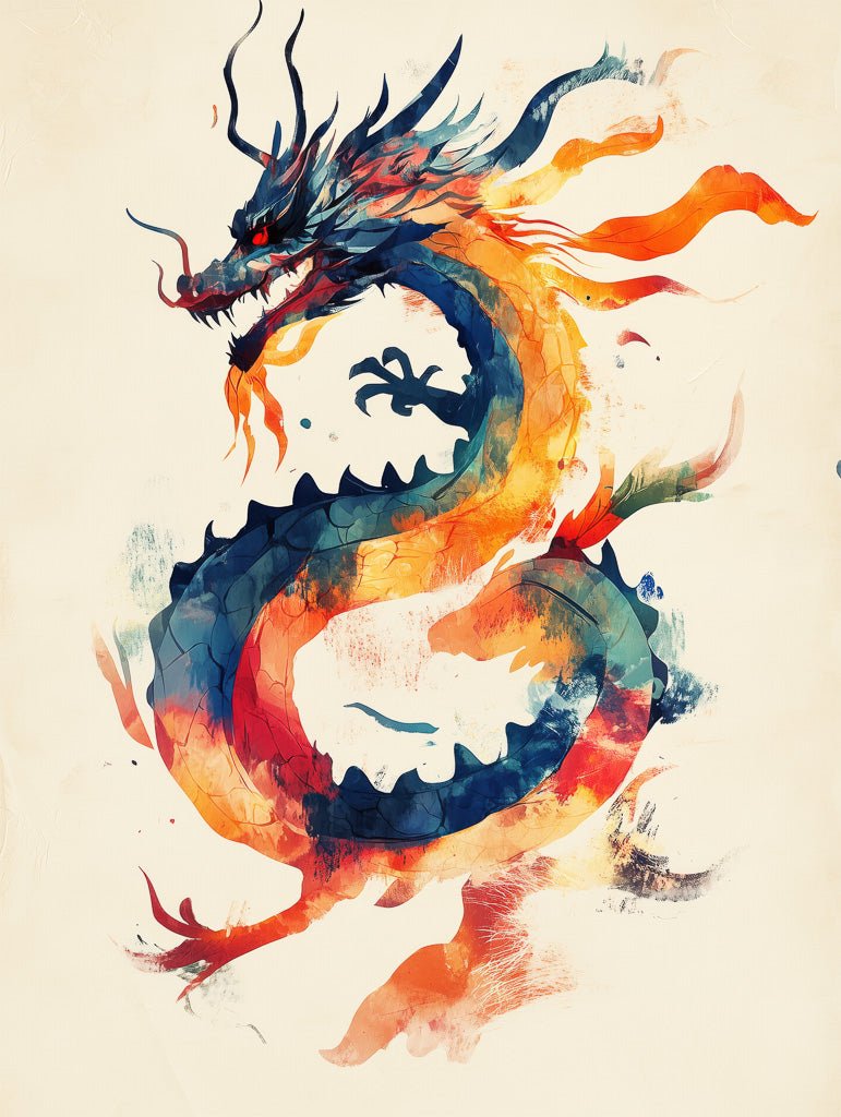 Abstract watercolor dragon in bold orange, red, and blue tones. Dynamic modern wall art for bold interior decor.