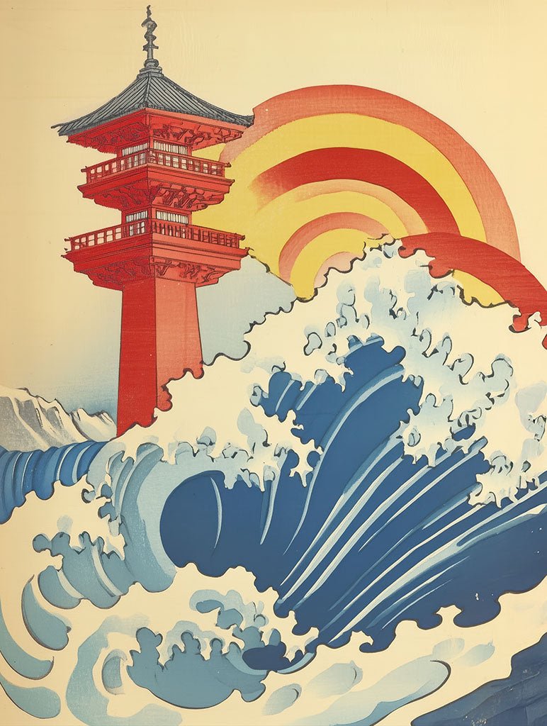 A vibrant Japanese art print featuring a pagoda and crashing waves beneath a colourful rainbow.