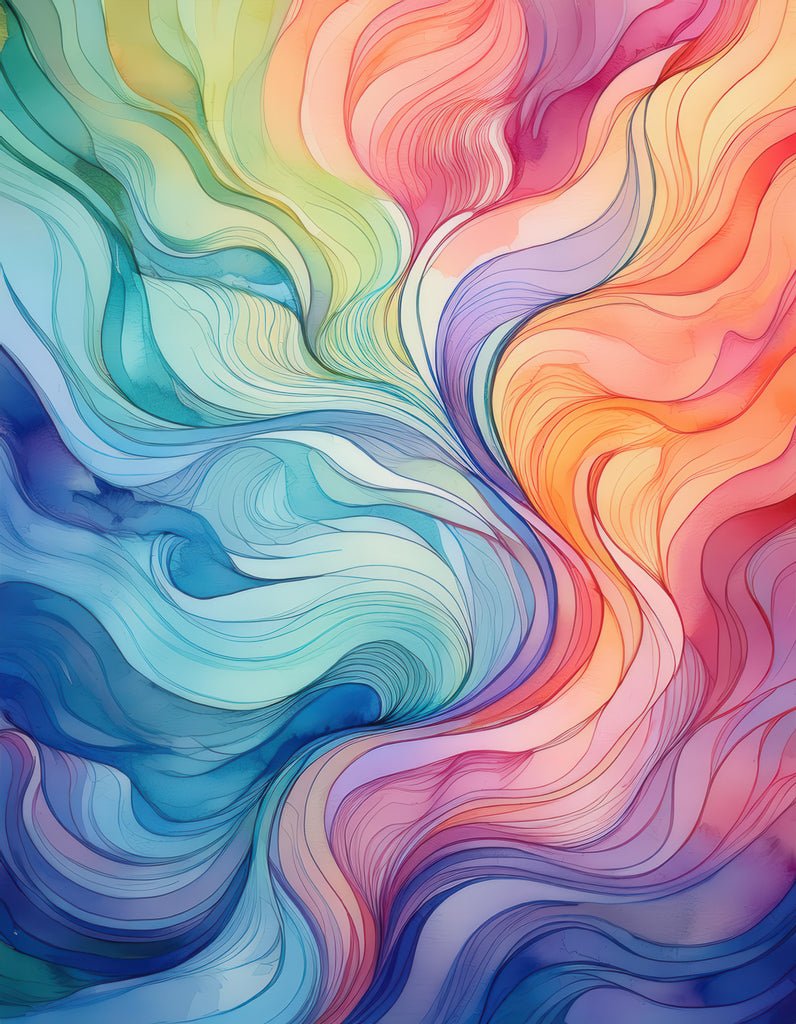 Title: Whispering Pastels by FN Prints
Description: Discover the calming beauty of "Whispering Pastels," an exquisite abstract painting by FN Prints. This artwork features swirling patterns in a captivating palette of blue, green, orange, pink, and purple. Flowing lines merge effortlessly across the canvas to create a sense of harmony and movement, adding to its serene composition.