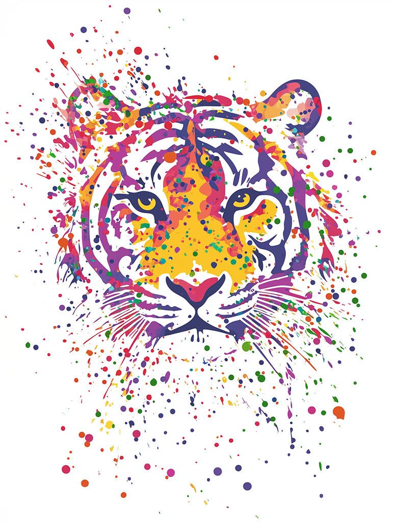 A vibrant art print of a tiger’s face, surrounded by bold paint splashes in orange, purple, blue, and green, capturing its fierce expression and dynamic energy.