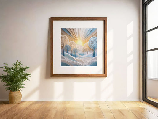 A framed FN Prints artwork titled "Winter Glow," showcasing a stylized winter wonderland with trees and a setting sun, is hung on a white wall. Sunlight pours through a nearby window, casting shadows across the wooden floor. A potted plant in the corner enhances the digital art's serene charm.