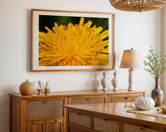 A cozy room with wicker furniture showcases nature-inspired decor, featuring FN Prints' framed photo "Yellow Dandelion (Taraxacum)" on the wall. A lamp and decorative items rest on a wooden sideboard, while a plant adds greenery to the space.