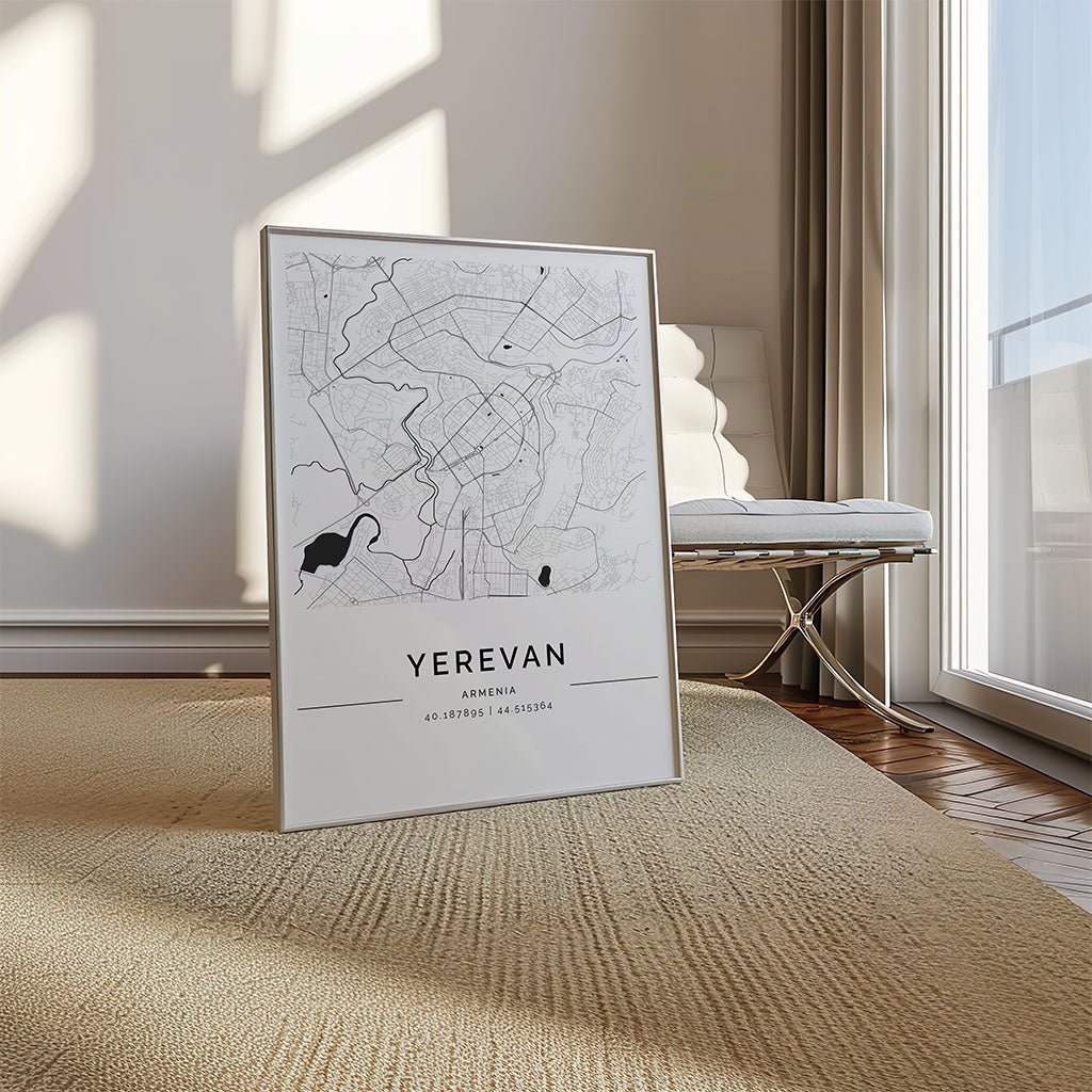 Yerevan Armenia City Map Print by FN Prints, shown framed in a room setting