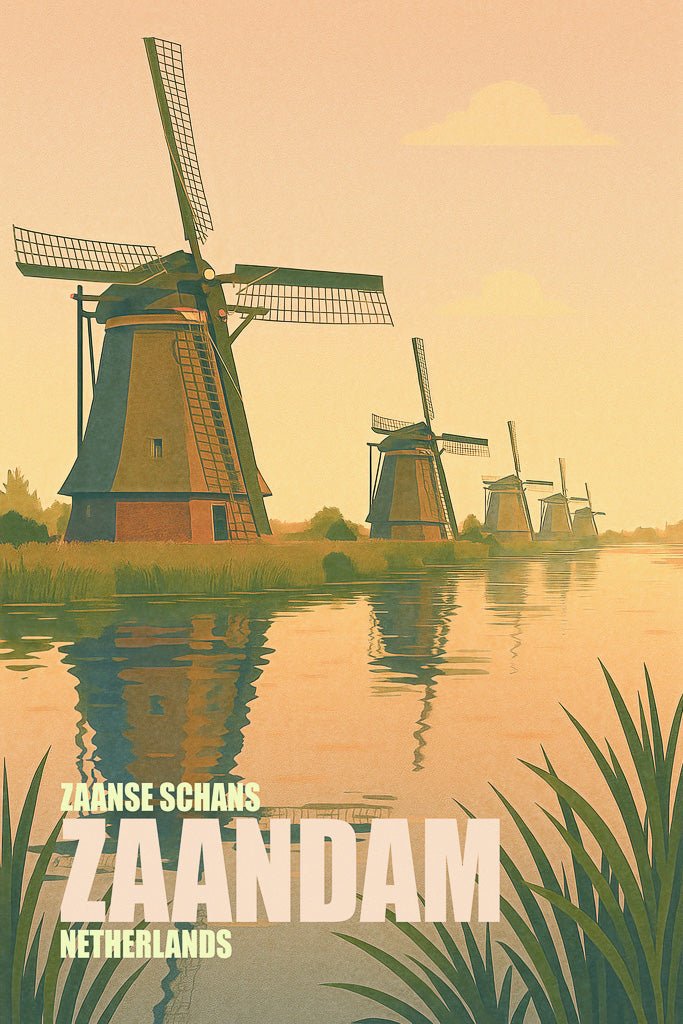 Illustration of Zaanse Schans windmills (زانسي شانس) in the Netherlands, reflected in calm river water at sunset with reeds in the foreground.