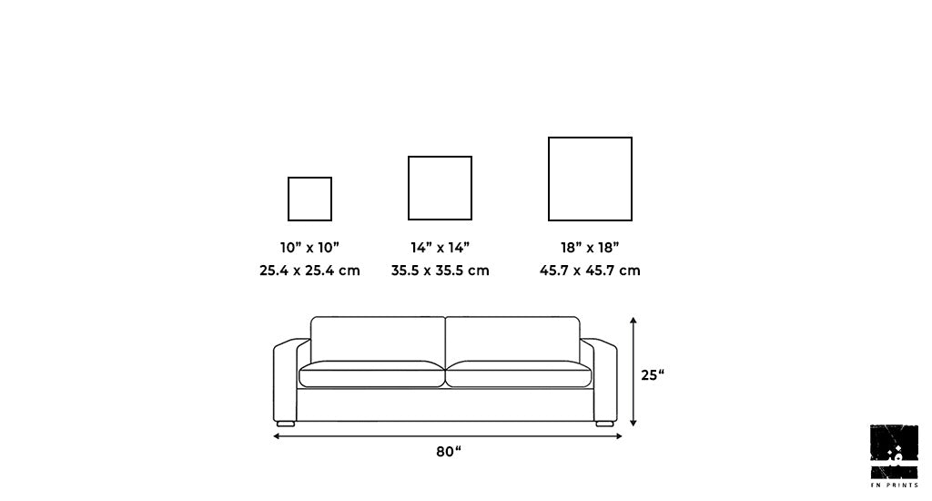 A simple illustration, featuring a folded paper effect, displays the dimensions of various square frames above a couch. The frames are part of FN Prints' "White Trees" collection and measure 10" x 10" (25.4 x 25.4 cm), 14" x 14" (35.5 x 35.5 cm), and 18" x 18" (45.7 x 45.7 cm).