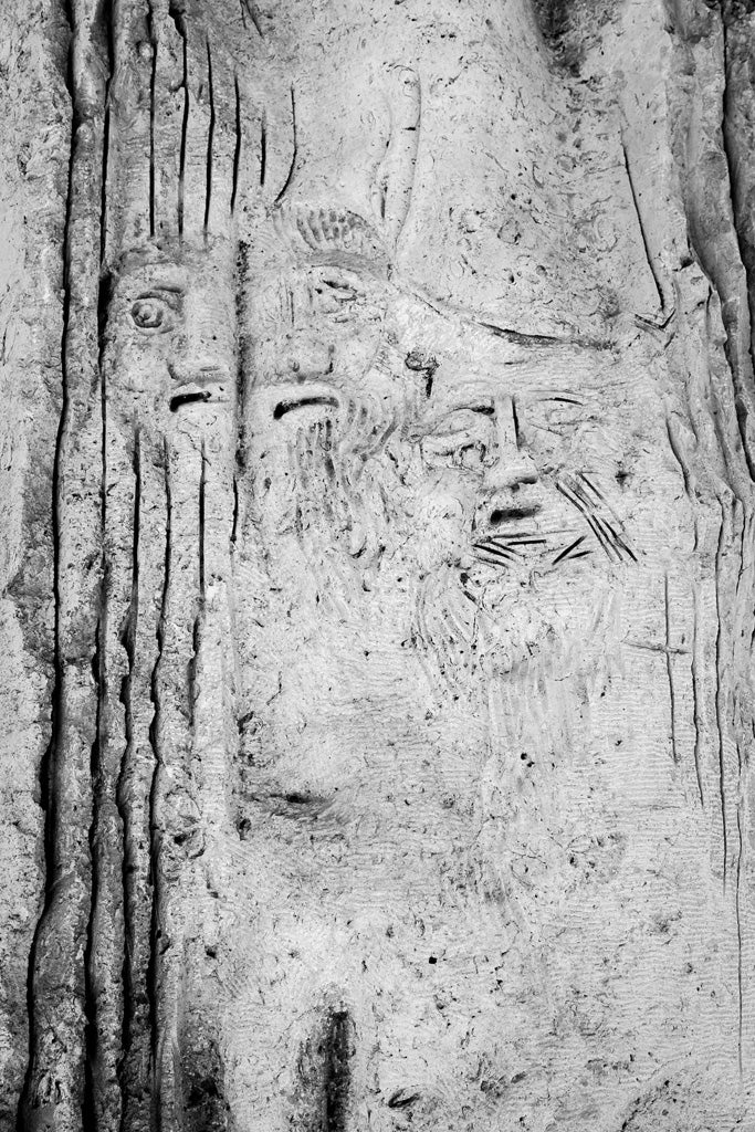 The FN Prints "Mount Nebo Monolith: Jordan" photograph captures an ancient stone carving with two facial figures showcasing intricate details. The figures feature distinct eyes, noses, and mouths, with lines or markings that represent hair or beards. The stone surface appears weathered and textured.