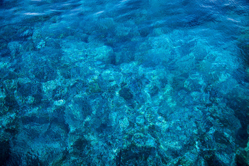 The Blue Shallows print by FN Prints captures the clarity of blue ocean water, revealing a detailed view of the rocky seabed below. Sunlight penetrates the water, creating shimmering reflections that highlight the textures and natural patterns of the underwater landscape in the Sea of Sardinia.