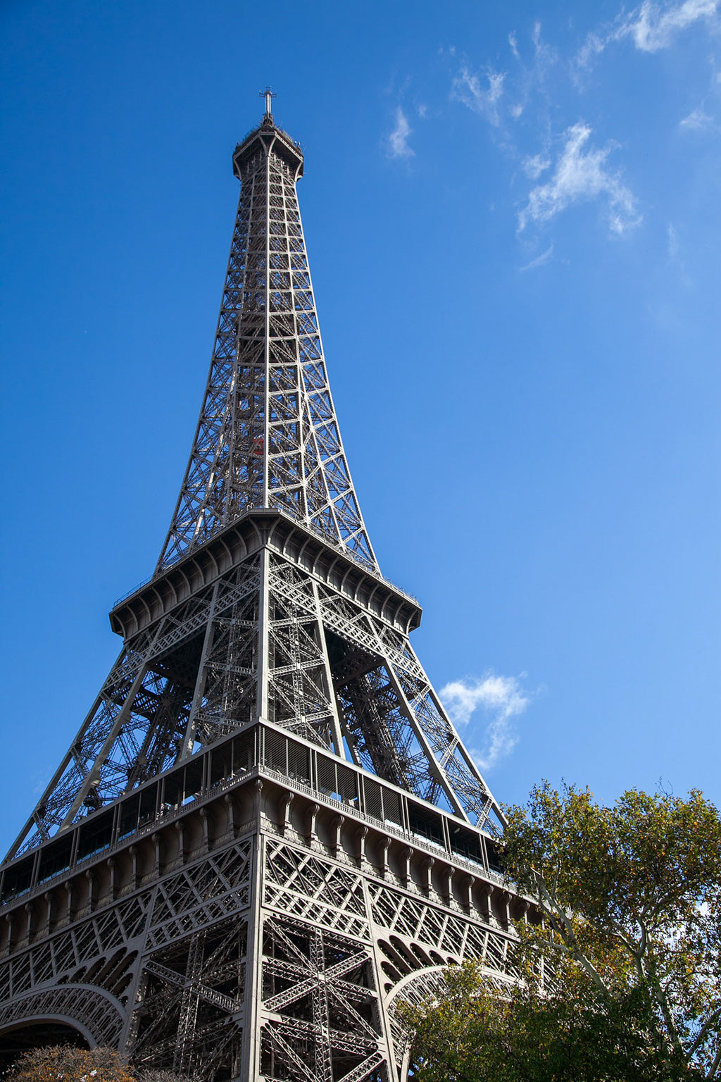 A low-angle view highlights "The Eiffel Tower: Part I" by FN Prints, capturing the architectural splendor of the iconic Parisian monument against a clear blue sky. Fluffy clouds enhance its intricate metal framework, while green tree foliage in the bottom right corner adds a natural touch.