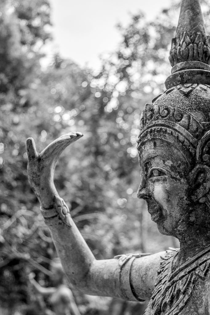 Black and white image of FN Prints’ Abhaya Mudra, a Buddha statue depicting a deity with an intricate headdress and raised hand in the gesture of fearlessness. The background features blurred trees and foliage, enhancing the serene and mystical atmosphere, embodying serene photography at its finest.